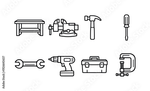 Home workshop equipment: workbench, vise, hammer, screwdriver, wrench, electric drill, toolbox, clamp