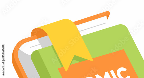 Illustration of green book with yellow bookmark, symbolizing reading and learning, from a 2D top-down viewpoint