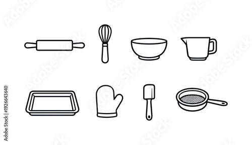 Baking tools: rolling pin, whisk, mixing bowl, measuring cup, baking tray, oven mitt, spatula, sieve