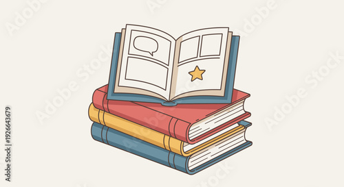 An open comic book rests on top of a stack of three closed books, illustrating a story with panels and a star.
