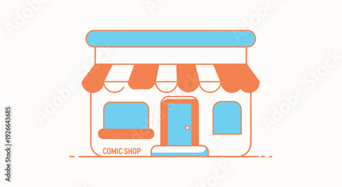 A minimalist, flat illustration of a comic book shop with blue and orange accents, featuring a storefront with windows and a door.