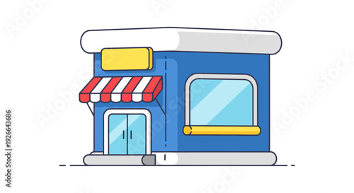 A charming blue storefront with a red and white striped awning over double doors and a large window.