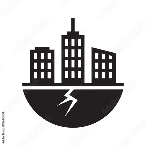 Earthquake Disaster Vector Icon with Destroyed Cracked Buildings Silhouette
