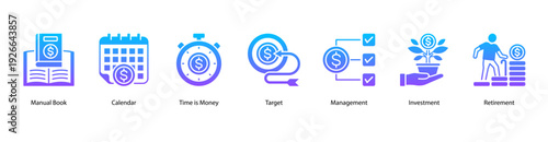 Time and Investment web banner vector illustration featuring Manual Book, Calendar, Time is Money, Target, Management, Investment, and Retirement.