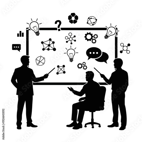 Three business professionals discussing ideas on a whiteboard with various symbols