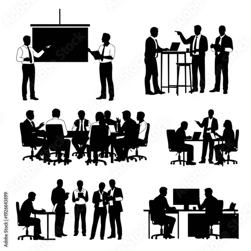 A group of business professionals engaged in a meeting and working together