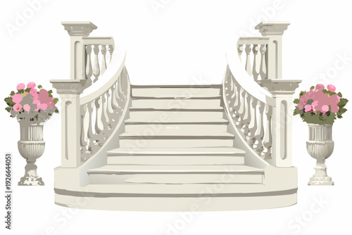 Elegant staircase with floral arrangements and decorative balustrades shown