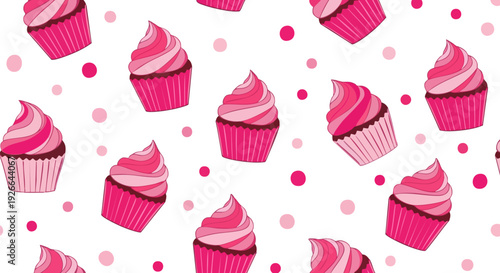 Pink cupcake seamless pattern with polka dots. Created in flat cartoon style with a vibrant pink and white color palette.