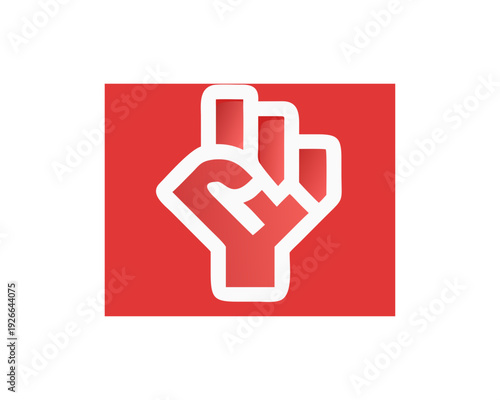 A white outline of a raised fist against a solid red background
