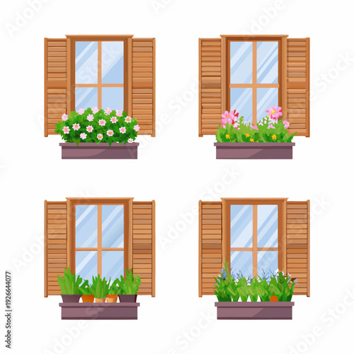 Charming windows with flower boxes and wooden shutters in a cartoon style