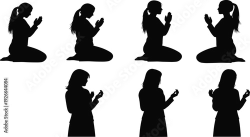 Collection of Female Silhouettes Praying Kneeling and Standing in Devotion for Spiritual Meditation Religious Faith Worship and Peaceful Mental Wellness Concept