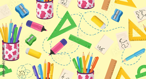 School supplies seamless pattern. Includes pencils, markers, rulers, sharpeners, erasers, and notebooks. Created in flat cartoon style with a yellow and pink palette.