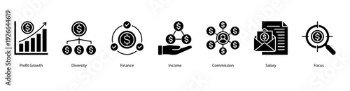 Profit and Growth web banner vector illustration featuring Profit Growth, Diversity, Finance, Income, Commission, Salary, and Focus.