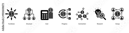 Corporate Progress web banner vector illustration featuring Fundraise, Structure, Cost, Progress, Connection, Research, and Group.