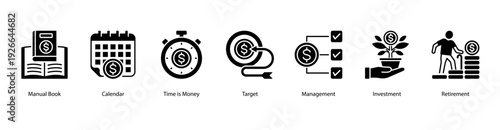 Time and Investment web banner vector illustration featuring Manual Book, Calendar, Time is Money, Target, Management, Investment, and Retirement.