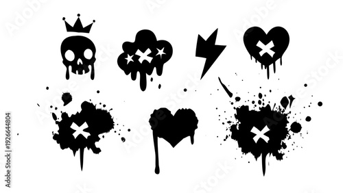 Urban graffiti spray paint element set. Street art icons with drips, splatters, and grunge texture. Set of arrow, cloud, skull, crown, star, lightning and heart. Graffiti icons with spray paint effect