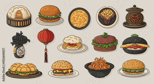 A Collection of Delicious and Diverse Food Items Including Burgers and Asian Delicacies