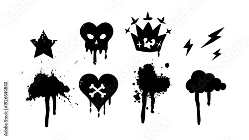Urban graffiti spray paint element set. Street art icons with drips, splatters, and grunge texture. Set of arrow, cloud, skull, crown, star, lightning and heart. Graffiti icons with spray paint effect