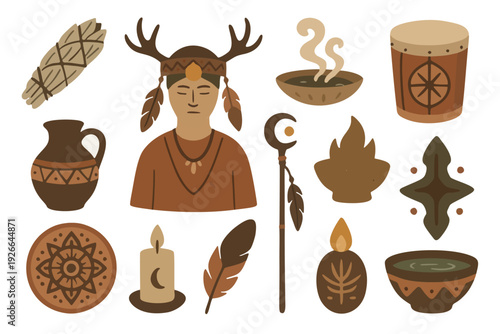Shamanic ceremony elements, spiritual ritual collection, flat symbolic illustration
