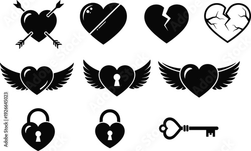 Heart icon set with wings arrows broken pieces lock and key silhouettes for valentines day wedding romance and emotional design elements