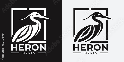 Elegant Heron Media Logo with Minimalist Bird Emblem in Square Frame for Modern Corporate Branding and Creative Agency Identity