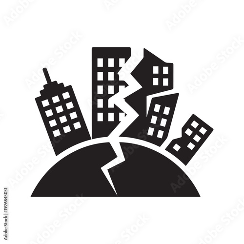 Earthquake Disaster Vector Icon with Destroyed Cracked Buildings Silhouette

