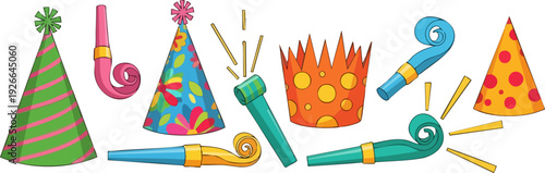 Party celebration vector icon collection. Includes party hats, blowers, and a crown. Created in colorful cartoon style with a vibrant palette.