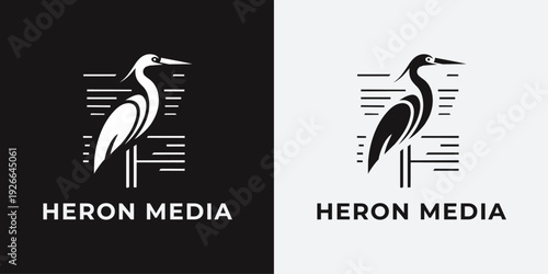 Modern Heron Media Logo Design with Minimalist Bird Silhouette and Abstract Lines for Creative Branding and Corporate Identity