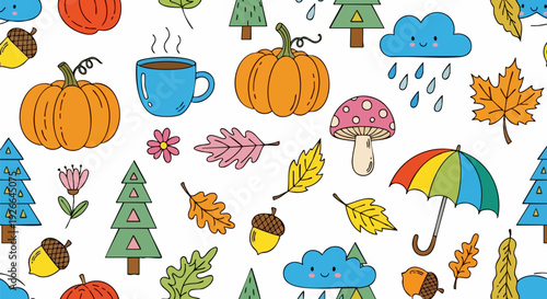 Autumn doodle seamless pattern. Includes pumpkins, acorns, leaves, mushrooms, hot drinks, clouds, rain, and umbrellas. Created in hand-drawn outline style with a warm color palette.