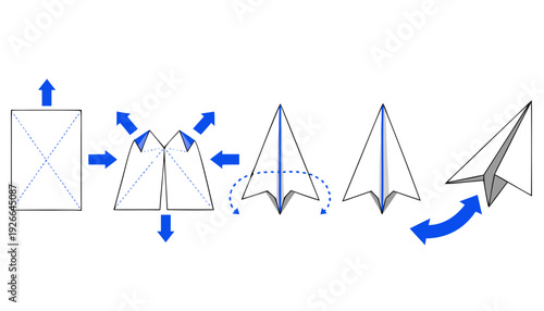 A vector graphic illustration showing the step-by-step process of making an origami paper airplane