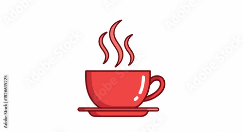 Flat design illustration of a steaming hot red coffee cup on a saucer against a white background.