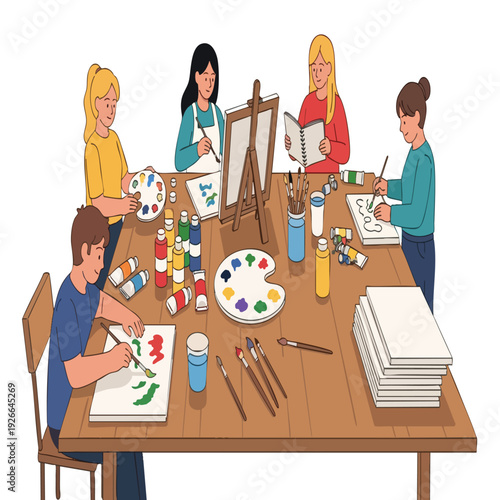 Creative Art Workshop with Diverse Artists Collaborating at a Shared Table