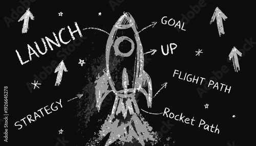 A vector graphic illustration of a rocket ship launching into space with a strategy for success