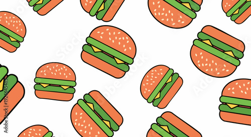 Burger seamless pattern. Includes cheeseburgers with sesame seed buns, cheese, and lettuce. Created in flat cartoon style with orange, green, and yellow palette.