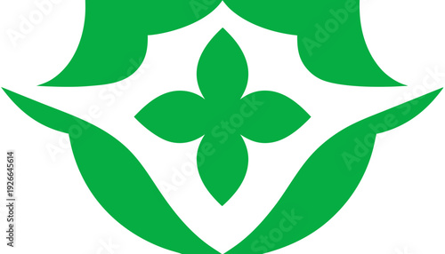 A green vector graphic logo of a stylized flower with leaves on a white background