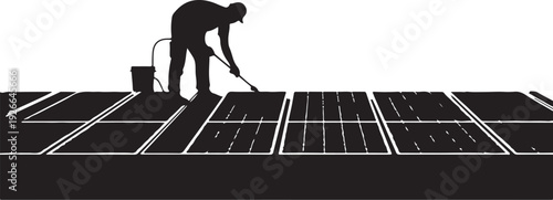 Man applying sealant to solar panels bucket tool