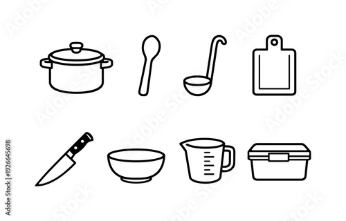 Home risotto cooking items: cooking pot, wooden spoon, ladle, cutting board, kitchen knife, serving bowl, measuring cup, storage container