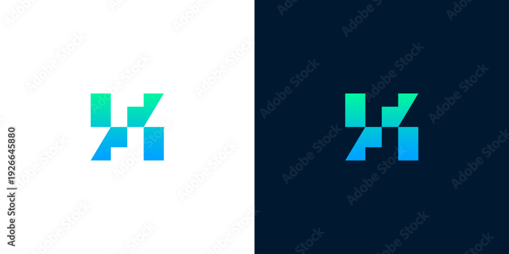 Obraz premium Dynamic Abstract Lettermark Logo Design with Digital Pixelated Gradient Effect in Vibrant Blue and Green Hues, Representing Innovation, Technology, and Forward-Thinking Business Solutions