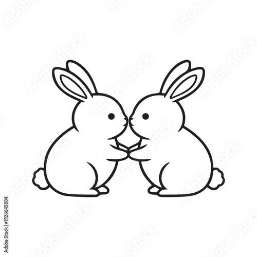 Vector illustration of two cute cartoon rabbits hugging. Black and white line art of happy bunnies cuddling cheek to cheek.
