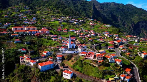 Aerial View of Hillside Village with Church and Red Roofs, Madeira Island Portugal