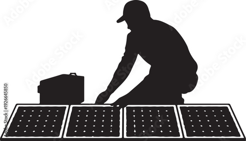 Man installing solar panels with toolbox installation