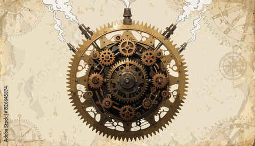 A steampunk-inspired vector graphic of a gear clockwork mechanism with a vintage background