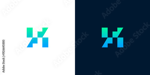 Dynamic Abstract Lettermark Logo Design with Digital Pixelated Gradient Effect in Vibrant Blue and Green Hues, Representing Innovation, Technology, and Forward-Thinking Business Solutions