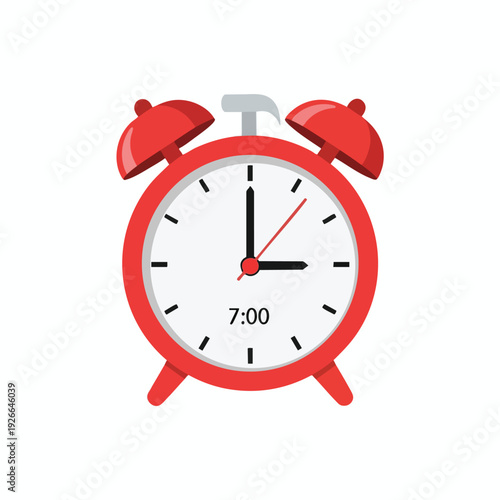 Red Analog Alarm Clock Showing Time at 7 00 in a Bright Room
