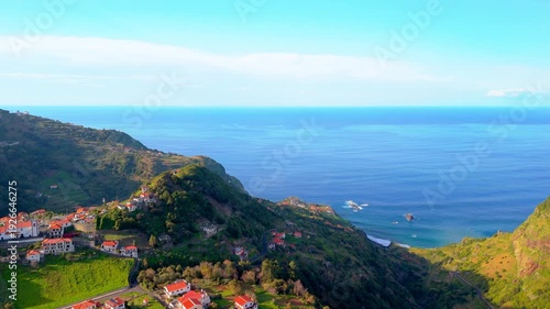 Aerial View of Coastal Village and Atlantic Ocean, Madeira Island Portugal