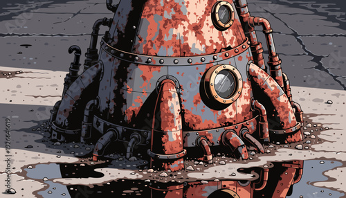 A vector graphic illustration of a rusty, old diving helmet sitting in a puddle of water on a cracked concrete surface.