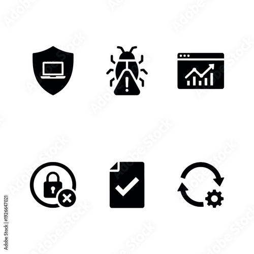 Collection of six black and white icons depicting security, data protection, and productivity on a plain white background.