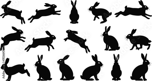 Black rabbit silhouette collection, jumping and sitting hare vector set, wild bunny icons for Easter design and nature wildlife graphics, (20 words)