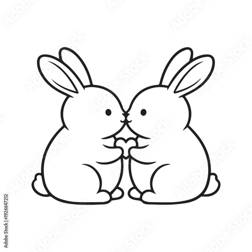 Vector illustration of two cute cartoon rabbits hugging. Black and white line art of happy bunnies cuddling cheek to cheek.
