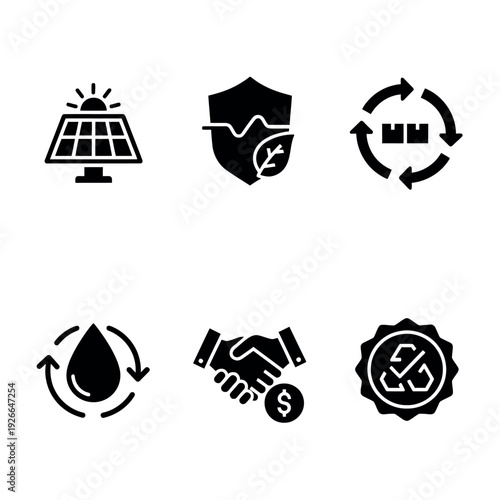 Collection of six black icons on a white background depicting eco-friendly and business concepts.